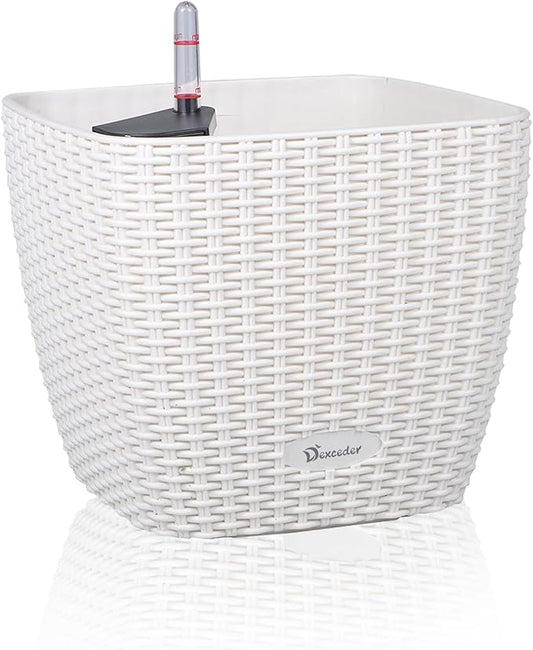 Dexceder 11x10 Self Watering Planter Indoor Outdoor, Inner Mat Design, Thickened Table Flower Plant Pot with Water Level Indicator (Ivory White Rattan)