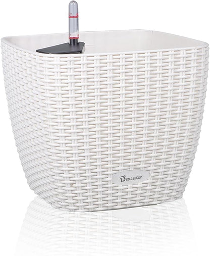 Dexceder 9x8 Self Watering Planter Indoor Outdoor, Inner Mat Design, Thickened Table Flower Plant Pot with Water Level Indicator (Ivory White Rattan)