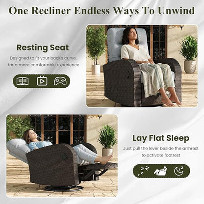 LayinSun Oversized Wicker Outdoor Swivel Glider Recliner with Adjustable Backrest & Footrest, Patio Reclining Lounge Chair