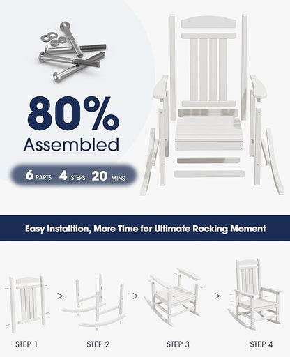 KINGYES HDPE Rocking Chairs Outdoor, Patio Rocking Chairs with 330lbs Support, Smooth Porch Rocker for Deck Lawn Yard, White