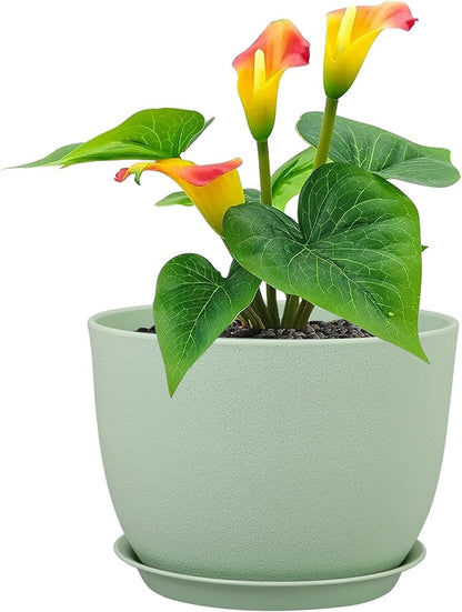 12 inch Big Plant Pots, Plastic Planters with Drainage Holes and Trays, Flower Pots for Indoor Outdoor Plants, Modern Decorative Pots for Garden House Plants, Green