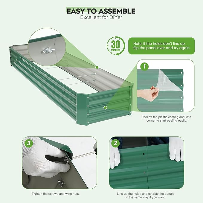 ZORMY 2 Pcs 8x2x1ft Galvanized Raised Garden Bed Outdoor, Metal Planter Boxes with Easy Assembly, Planter Raised Beds for Gardening, Flower, Plants, Vegetable, Herb - LotusGreen