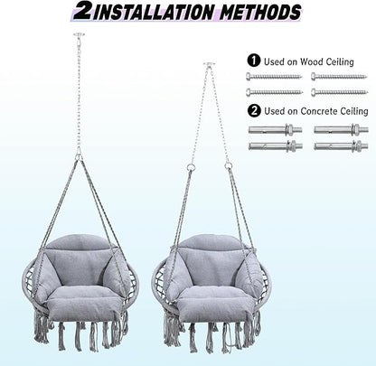 Macrame Hammock Hanging Swinging Chair with Oversized Cushion, Perfect for Bedroom, Porch, Kids, Adults, Balcony, Grey