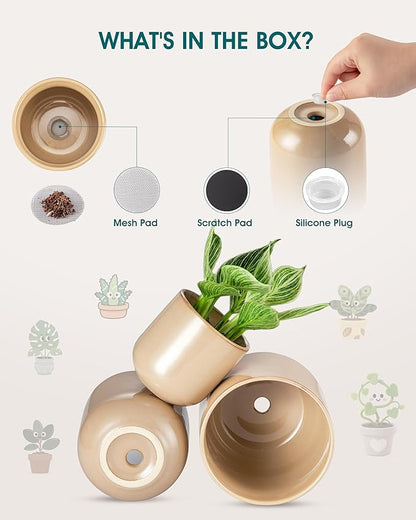vancasso Ceramic Plant Pots, 4+5+6 inches, Set of 3, Planters with Drainage Hole, Flower Pots Planters Pots for Indoor Plants, Modern Indoor Decorative Garden Pot, Home Decor, Brown