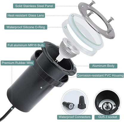 Gardencoin Low Voltage Landscape LED Well Lights, 12V in Ground Lights Outdoor IP67 Waterproof, 4.3 inch Wired Landscape Up Lighting, Included Replaceable 5W 2700K MR16 Bulb Dimmable, 12 Pack