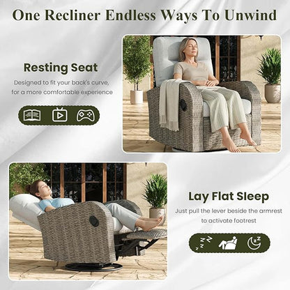 LayinSun Oversized Wicker Outdoor Swivel Glider Recliner with Adjustable Backrest & Footrest, Patio Reclining Lounge Chair - Set of 2