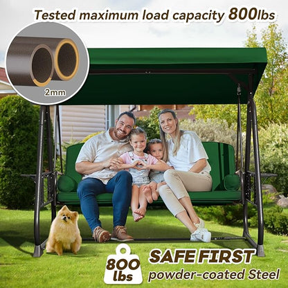 3 in 1 Outdoor Porch Swing with Adjustable Canopy, 3 Seat Outdoor Swing for Adults, Patio Swing Chair with Thickened Cushions,Pillows & Cup Holders for Backyard, Porch, Garden (Green)