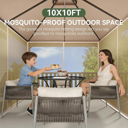 Aoxun Outdoor Gazebo for Patio 10x10 Metal Frame Canopy with Double Roofs Heavy Duty Party Tent and Shelter with Mosquito Netting and Privacy Screen for Backyard, Lawn, Garden, Deck (Khaki)