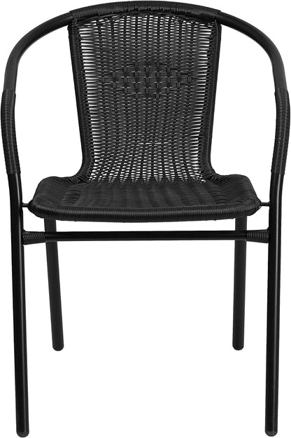 EMMA + OLIVER Set of 4 Modern Rattan Indoor/Outdoor Stack Chairs, Stacking Rattan Patio Chairs with Curved Back and Cross Bracing, Black