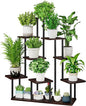 AZERPIAN Plant Stand 9 Tier Indoor Metal Flower Shelf for Multiple Plants Corner Tall Flower Holders for Patio Garden Living Room Balcony Bedroom, Black Oak