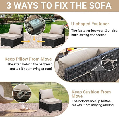 Jing's Villa 6-Piece Patio Furniture Set, All-Weather Outdoor Wicker Sectional Sofa with Cushions, Glass Table & Left and Right Armrest, Rattan Conversation Seating for Porch, Garden, Backyard,Beige