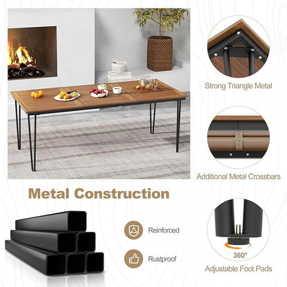 Tangkula 79 Inch Outdoor Dining Table for 8, Acacia Wood 8-Person Patio Table with 1.9 Inch Umbrella Hole, Metal Legs & Adjustable Foot Pads, Rectangular Outside Table for Garden, Poolside & Backyard