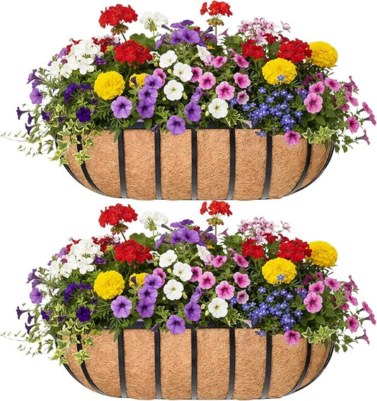 30“ Window Box Railing Planter with Coco Liner Metal Wall-Mounted Coconut Liner Planter Basket English Horse Trough Planters for Outdoor Deck Balcony Porch Fence Patio Black (2 Pack)