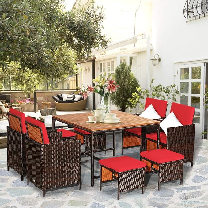 Tangkula 9 Pieces Acacia Wood Patio Dining Set, Space Saving Wicker Chairs and Wood Table with Umbrella Hole Outdoor Furniture Set, Suitable for Garden, Yard, Poolside, Outdoor Seating Set