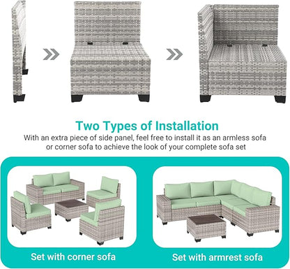 6-Piece Outdoor Patio Furniture Set Wicker Sectional Sofa Set, Patio Conversation Set with Thickened Cushions & Coffee Table for Garden, Backyard, Poolside, Light Green