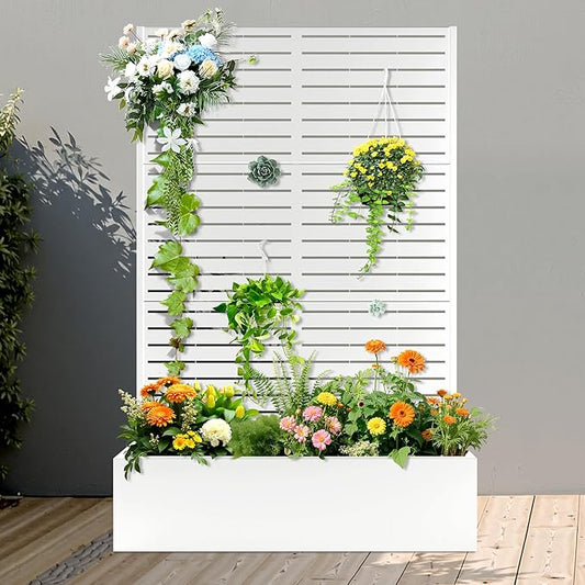 FENCY Metal Raised Garden Bed with Trellis, Metal Planter Box with Trellis, Garden Box for Climbing Plants Vegetable, 47" Lx16 Wx71 H Garden Bed with Drainage Holes(White-Louvered)