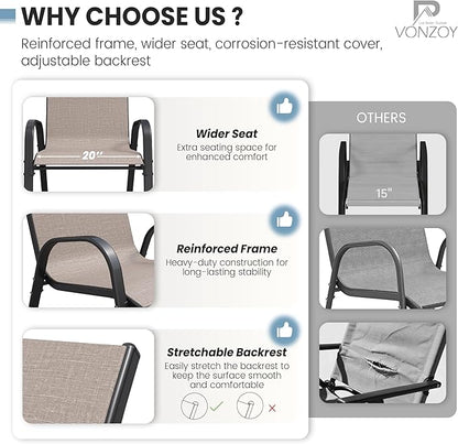 Patio Dining Chairs Set of 2, Outdoor Stackable Chairs, Breathable Seat and Alloy Steel Frame Fit for Backyard,Garden,Porch, Lawn，Poolside (Light Brown)
