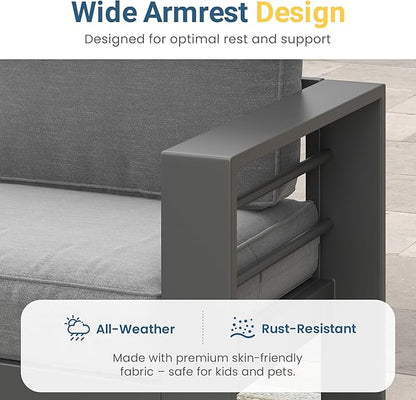 Solaste Aluminum Outdoor Patio Furniture Set with 43" Fire Pit Table, 7 Seats Patio Sectional Sofa with 5" Thick Cushion, Outdoor Patio Set for Porch, Backyard, Deck, Yard, Grey