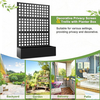 FENCY Metal Raised Garden Bed with Trellis, Metal Planter Box with Trellis, Garden Box for Climbing Plants Vegetable, 47''Lx16''Wx71''H Garden Bed with Drainage Holes(Black)