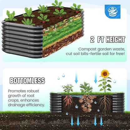 Quictent Galvanized Raised Garden Bed Kit, 6x3x2 ft Oval Metal Planter Box Tall for Vegetables Outdoor Backyard, Strengthened by Crossbar, Dark Gray