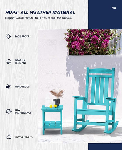 KINGYES Outdoor Rocking Chair Set of 2, High Density Polyethylene Patio Rocking Chairs with 330lbs Support for Adults, Aruba Blue