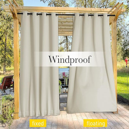 NICETOWN 2 Panels Weighted Blackout Curtains Patio Waterproof Outdoor Curtains, Thermal Insulated Top & Bottom Grommet & Back Tab Wind-Break Drapes Privacy for Pergola, W52 by L95, Light Beige