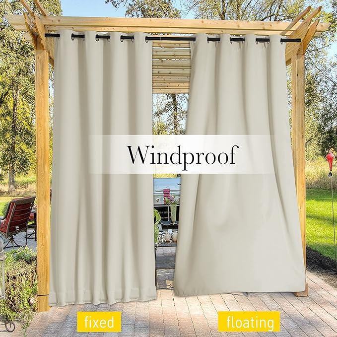 NICETOWN 2 Panels Outdoor Curtains for Patio Waterproof & Windproof, Thermal Insulated Top & Bottom Grommet & Back Tab Sun Blocking Outdoor Drapes with Fixed Rope for Gazebo, Beige, W66 x L90