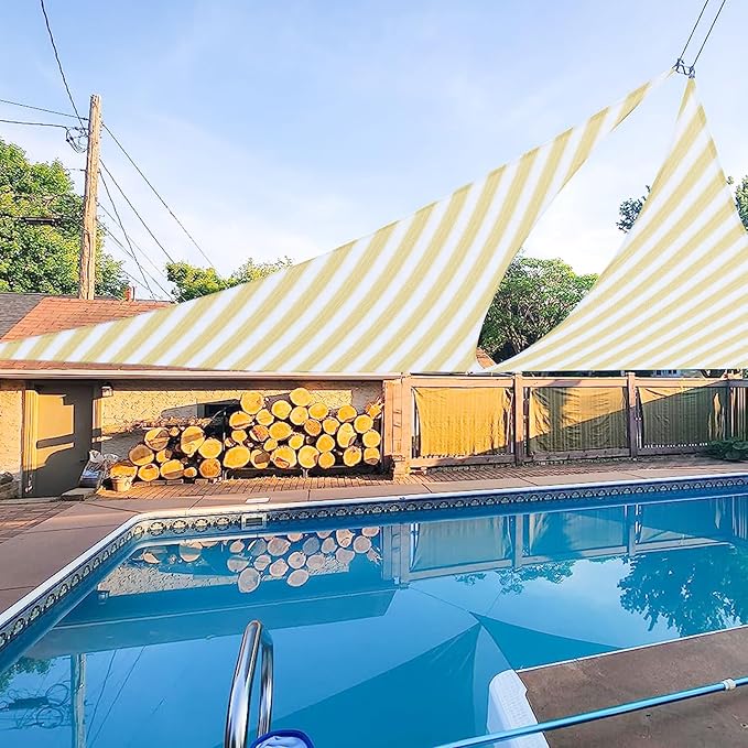 E&K Sunrise 12' x 12' x 12' Sun Shade Sail Triangle Canopy Shade Cover UV Block for Patio Backyard Garden Outdoor (Beige White Strip)