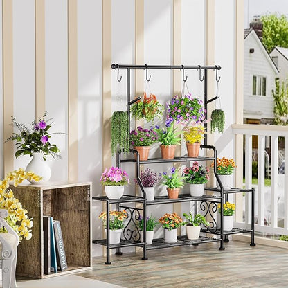 GIOTORENT 3-Tier Tall Metal Plant Stand Indoor Outdoor - Heavy Duty Plant Shelf for Garden, Patio, Balcony with 5 Hanging Hooks, Holds 16-25 Plants, Black