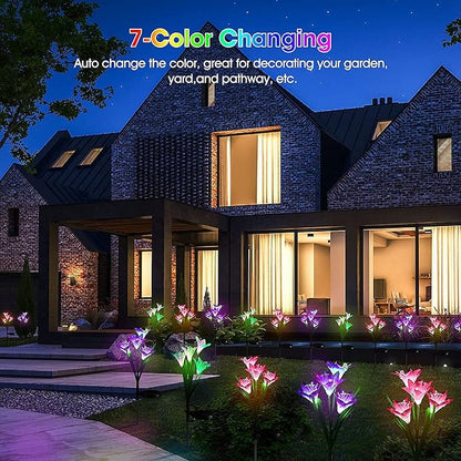 Solar Lights Outdoor Waterproof, 4 Pack Garden Decor Lights, 16 Multi-Color Changing Lily Solar Flowers for Yard Patio Pathway Decor, Gifts for Women Mom (4 Pack)