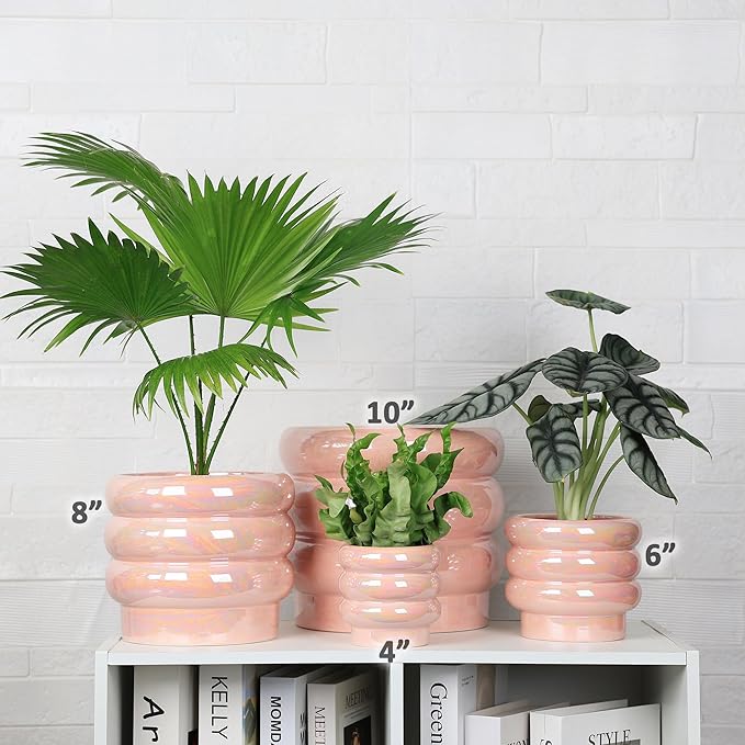 10 inch Ceramic Plant Pots for Indoor Plants, Rainbow Pearl Glaze Planter with Planters for Plants with Drainage Hole, Orchid Pots, Succulent Pot, Large Flower Pot (Pink)