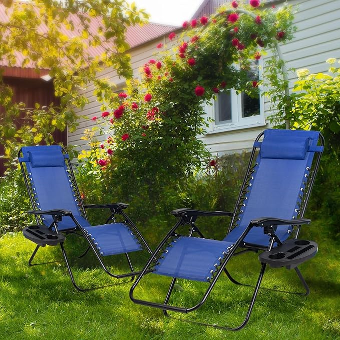 Nazhura Set of 2 Relaxing Recliners Patio Chairs Adjustable Steel Mesh Zero Gravity Lounge Chair Beach Chairs with Pillow and Cup Holder (Blue)