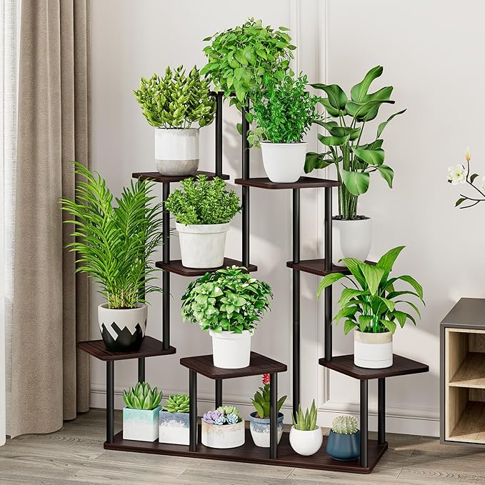 AZERPIAN Plant Stand 9 Tier Indoor Metal Flower Shelf for Multiple Plants Corner Tall Flower Holders for Patio Garden Living Room Balcony Bedroom, Black Oak