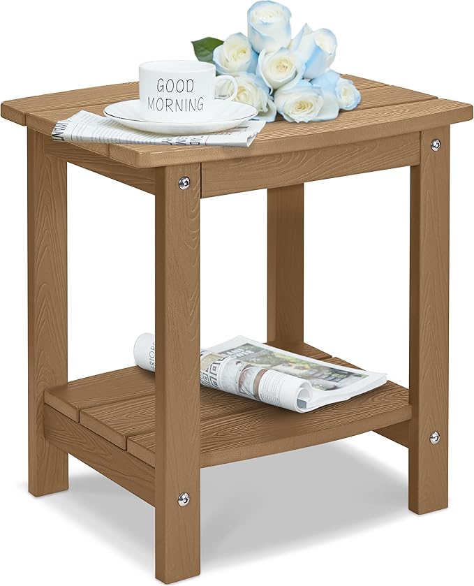 Y&M Outdoor Side Table, HIPS Adirondack Small Double Layer Table, Waterproof Square Outside Table, Balcony Modern End Tables for Patio, Pool, Beach, Porch, Deck, Indoor or Outdoor Use, Brown