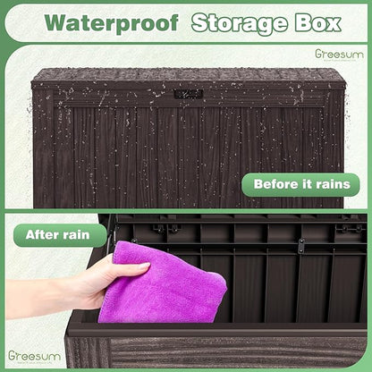 Greesum Outdoor Storage Box 120 Gallon Storage Bin with Lid for Patio Furniture, Garden Tools, Pool Supplies, Lockable, Waterproof and UV Resistant, Dark Brown