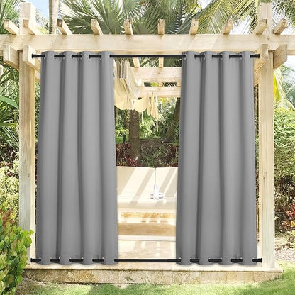 NICETOWN 2 Panels Sliver Grey Blackout Outdoor Curtains for Patio Waterproof 84" Long, Top and Bottom Rustproof Grommet Heavy Weight Windproof Drapes, Keep Privacy for Porch, W52 x L84