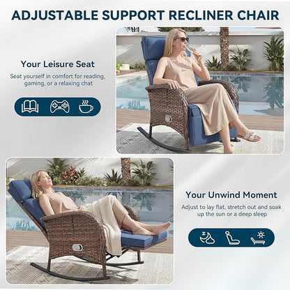 3 Pieces Zero Gravity Wicker Patio Rocking Recliner Chairs Set of 2 - Wicker Outdoor Lounge Chair with Side Table, Adjustable Backrest & Footrest, High Back Outdoor Recliner Chair for Pool Deck Blue