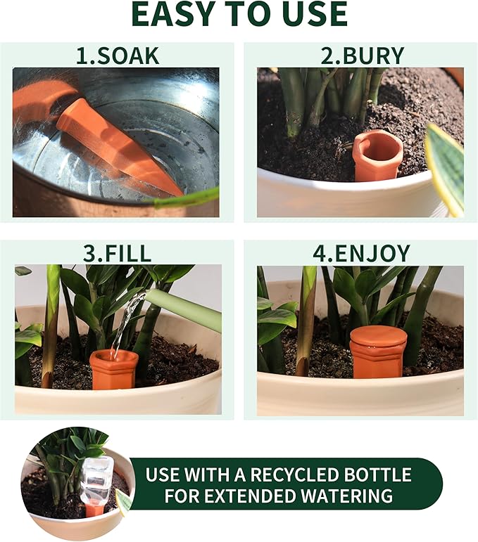 Large Terracotta Watering Spikes with Lids, Automatic Plant Waterer Outdoor | Indoor, Vacation Friendly Clay Plant Watering Devices System, Slow Release Self Watering Planter Insert, 6 Pack