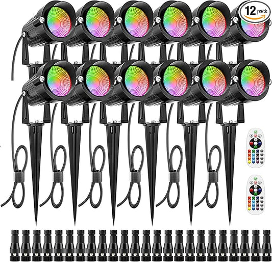 ZUCKEO 12W RGB Low Voltage Landscape Lights, LED Color Changing Landscape Lighting, IP66 Waterproof Outdoor Spotlight, 12V 24V Christmas Decorative Light for Yard Garden Path(12Pack)