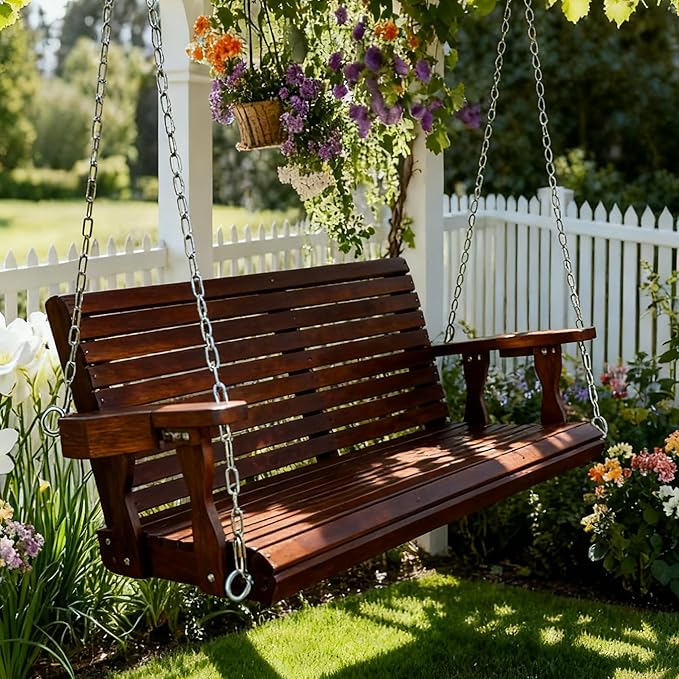 Wooden Porch Swing 2-Seater, High Backrest and Deep Seat, Bench Swing with Cupholders, Hanging Chains and 7mm Springs, Heavy Duty 880 LBS, for Outdoor Patio Garden (Deep Brown, 4.5 feet Extra-Large)