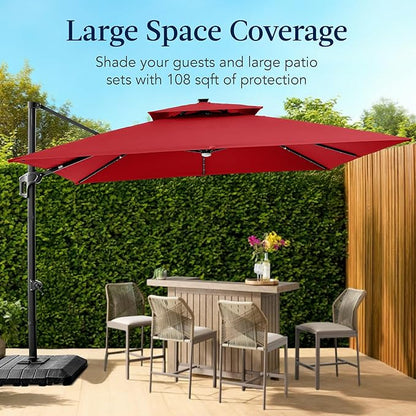 Best Choice Products 9x12ft LED Cantilever Patio Umbrella w/Base Included & 360° Rotation, Large Solar Offset Hanging Outdoor Sun Shade for Deck, Backyard Table w/Stand & Lights – Red