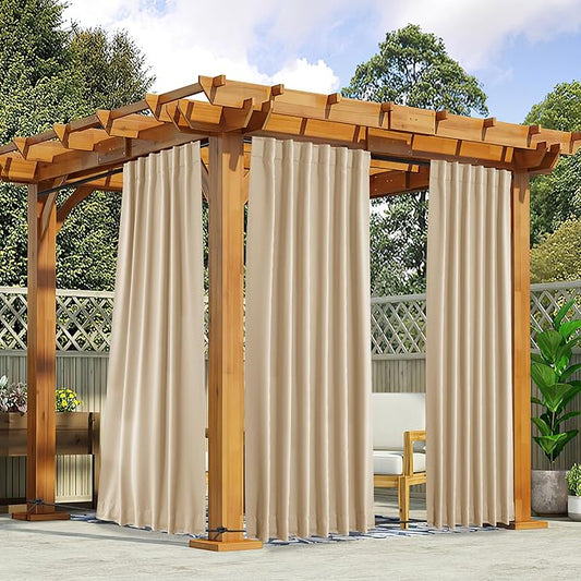 NICETOWN 2 Panels Outdoor Curtains for Patio Waterproof & Windproof, Pocket & Back Tab on Top & Bottom Weighted Drapes Keep Sun/Rain Out with Bonus Rope for Pergola, Biscotti Beige, W52 x L108