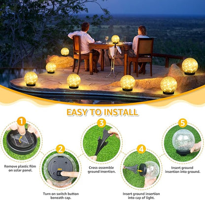2-Pack Garden Solar Lights Outdoor, Cracked Glass Ball Light Waterproof, Decorative Solar Globe Lights Warm White for Yard Pathway Patio Lawn