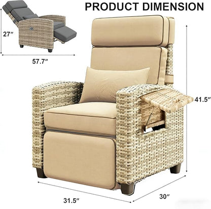 Towallmark Adjustable Rattan Recliner Chair, Patio Lounge Chairs with Cushion, Outdoor Porch Chaise with Flip Up Side Table & Footrest for Porch, Outside Balcony, Deck