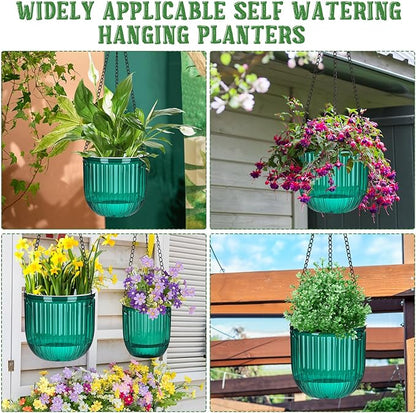 Maxcheck 4 Pcs Self Watering Hanging Planters Indoor Gift 6.5'' 4.5'' Hanging Flower Pots Baskets Outdoor Self Watering Plant with 3hooks Drainage Holes for Home(Emerald)