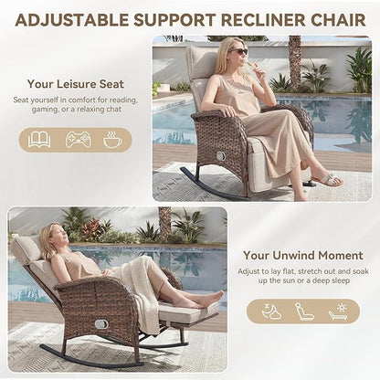 3 Pieces Zero Gravity Wicker Patio Rocking Recliner Chairs Set of 2 - Wicker Outdoor Lounge Chair with Side Table, Adjustable Backrest & Footrest, High Back Outdoor Recliner Chair for Pool Deck Beige