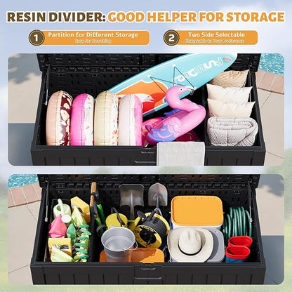Flamaker Resin Deck Box 250 Gallon, Waterproof Imitation-Wood Lockable Storage Box with Separator Plate Outdoor Indoor, Garden, Patio Furniture for Tools&Pool Accessories (Black)