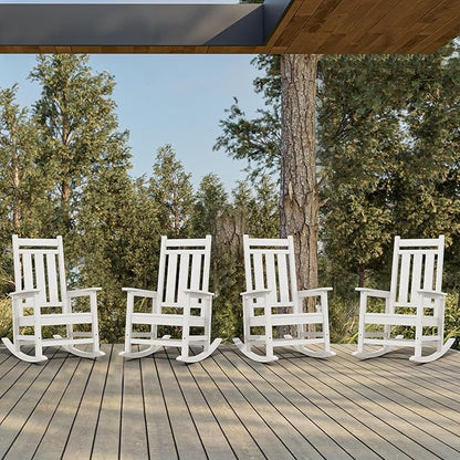 KINGYES Oversized Outdoor Rocking Chair Set of 4, All-Weather Patio Rocking Chairs for Porch, HDPE Outdoor Patio Rockers with High Back & Wide Seat for Garden, Lawn, White