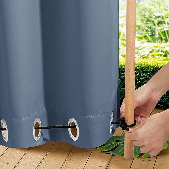 NICETOWN 2 Panels Outdoor Curtains for Patio Waterproof & Windproof, Extra Wide Grommet & Back Tab on Top & Bottom Thermal Insulated Sun Blocking Drapes with Rope for Deck, Stone Blue, W100 x L84