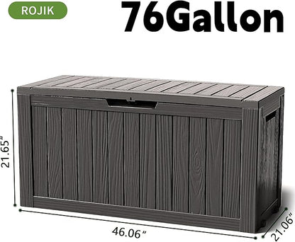 ROJIK Outdoor Storage Housing Deck Box - Waterproof Patio Furniture, Garden Tools, Cushions, Pool Accessories Storage Bench with Lockable Lid and Side Handles (Black 76 Gal)